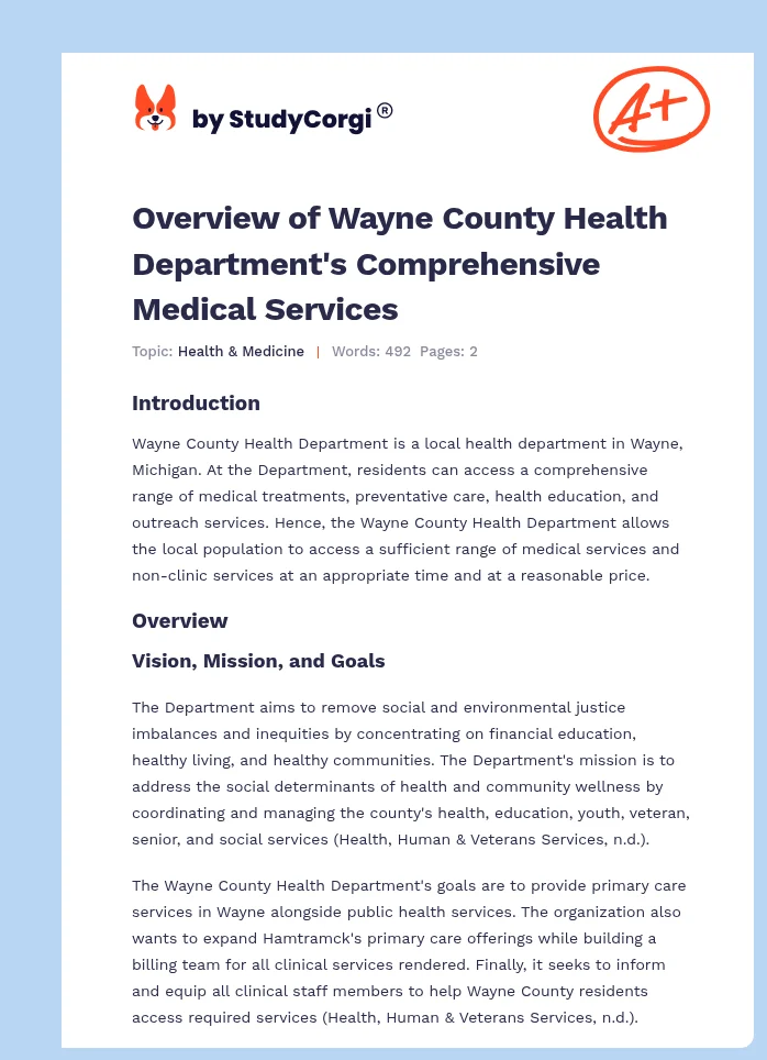 Overview of Wayne County Health Department's Comprehensive Medical Services. Page 1