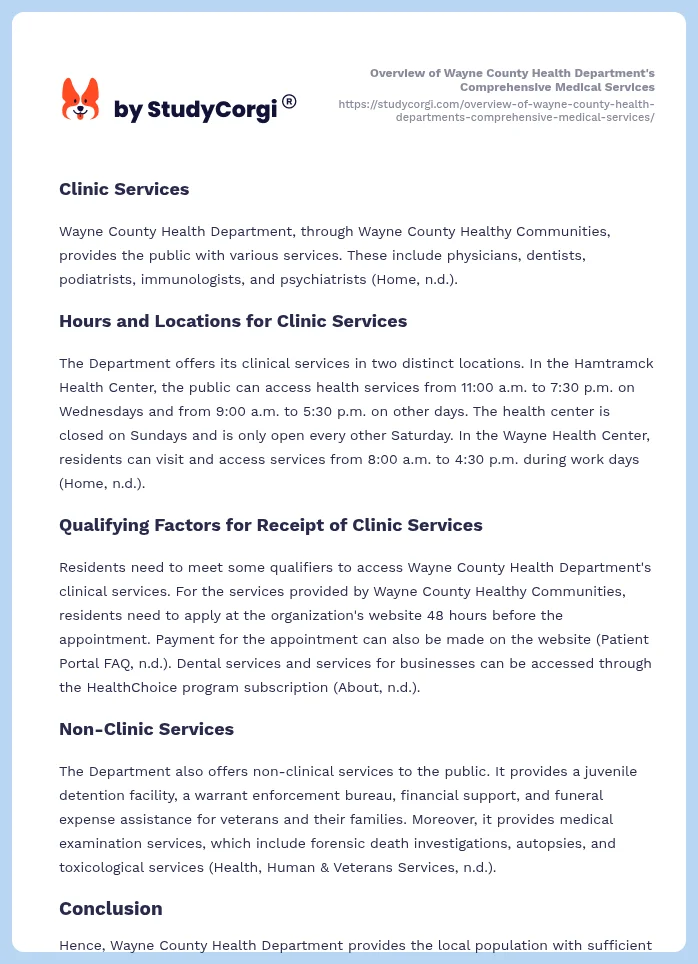 Overview of Wayne County Health Department's Comprehensive Medical Services. Page 2