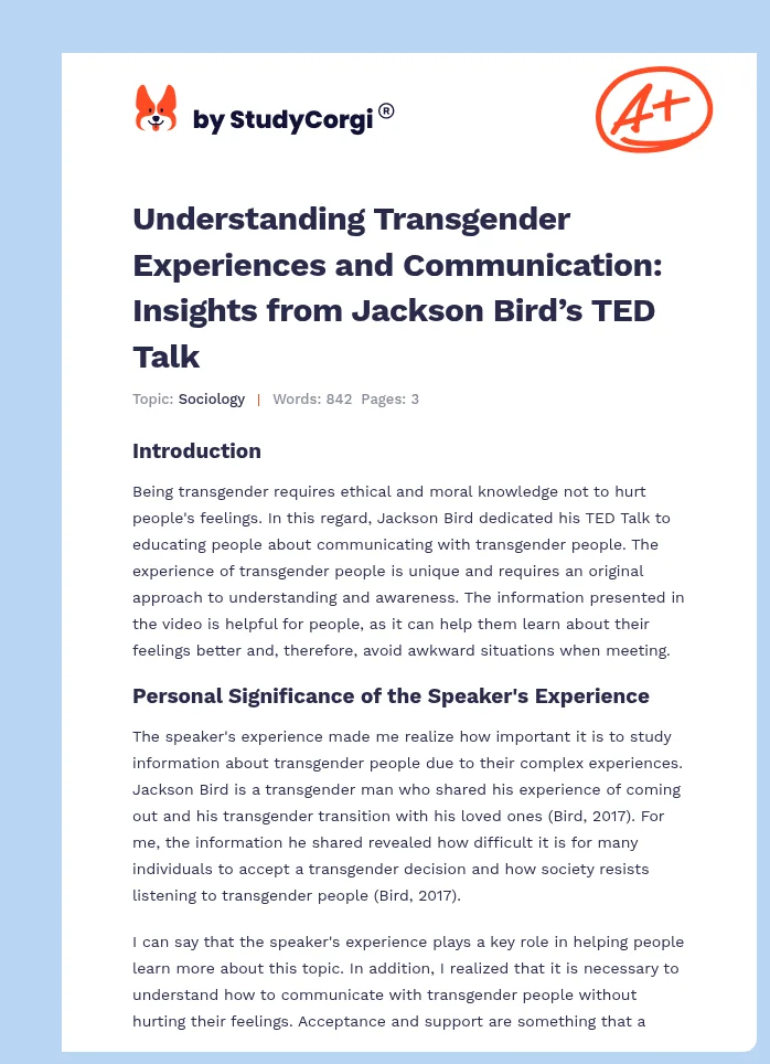 Understanding Transgender Experiences and Communication: Insights from Jackson Bird’s TED Talk. Page 1
