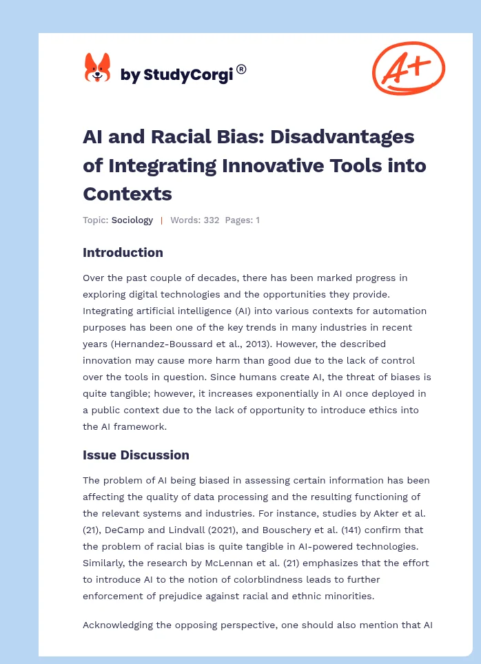 AI and Racial Bias: Disadvantages of Integrating Innovative Tools into Contexts. Page 1