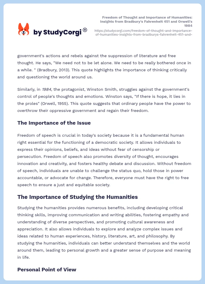 Freedom of Thought and Importance of Humanities: Insights from Bradbury's Fahrenheit 451 and Orwell's 1984. Page 2