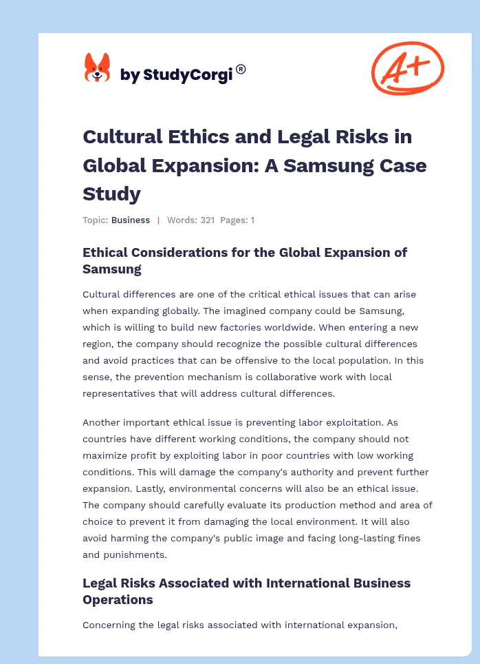 Cultural Ethics and Legal Risks in Global Expansion: A Samsung Case Study. Page 1
