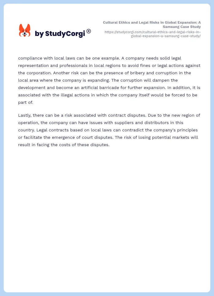 Cultural Ethics and Legal Risks in Global Expansion: A Samsung Case Study. Page 2
