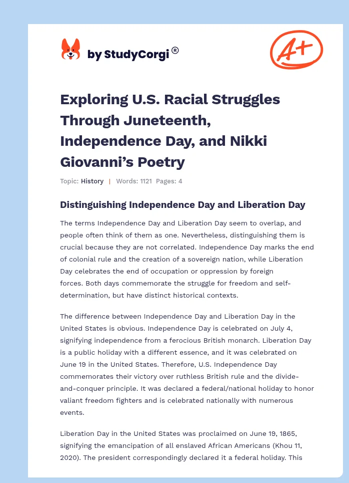 Exploring U.S. Racial Struggles Through Juneteenth, Independence Day, and Nikki Giovanni’s Poetry. Page 1