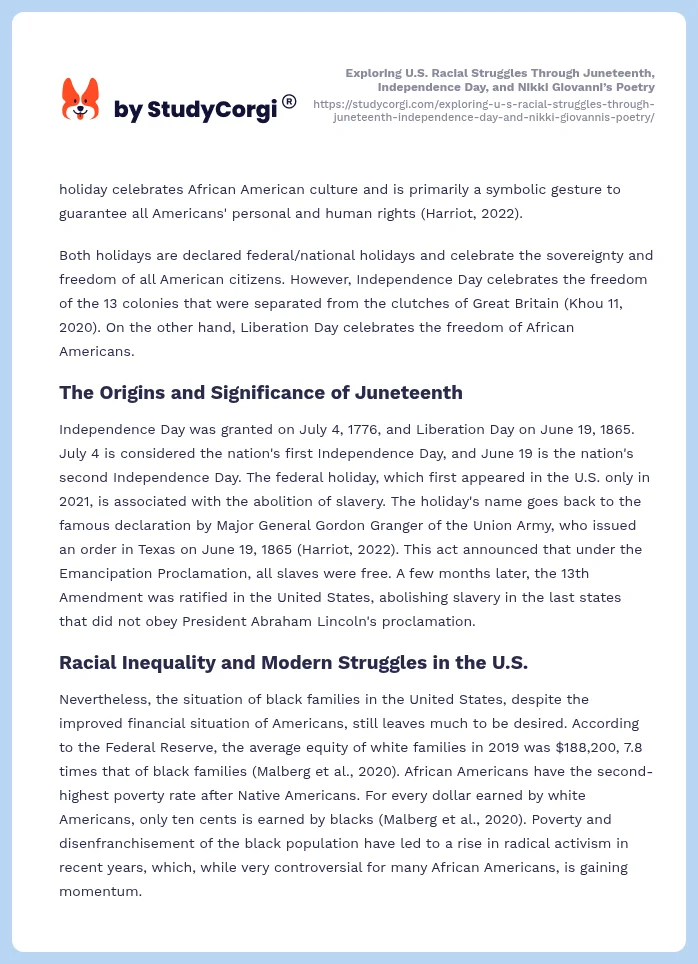 Exploring U.S. Racial Struggles Through Juneteenth, Independence Day, and Nikki Giovanni’s Poetry. Page 2