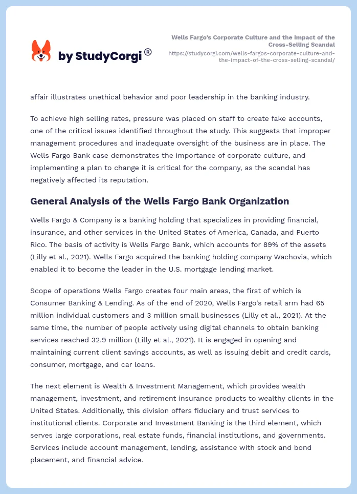 Wells Fargo's Corporate Culture and the Impact of the Cross-Selling Scandal. Page 2