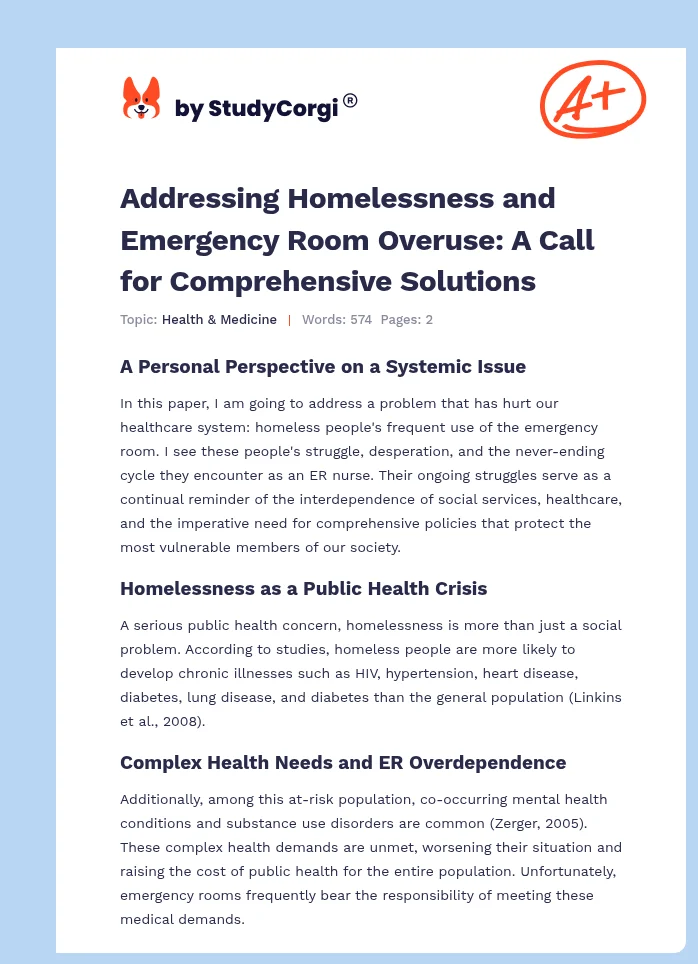 Addressing Homelessness and Emergency Room Overuse: A Call for Comprehensive Solutions. Page 1