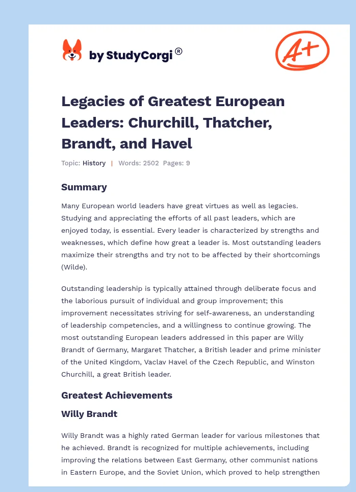 Legacies of Greatest European Leaders: Churchill, Thatcher, Brandt, and Havel. Page 1