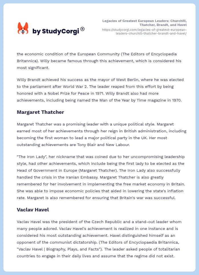 Legacies of Greatest European Leaders: Churchill, Thatcher, Brandt, and Havel. Page 2