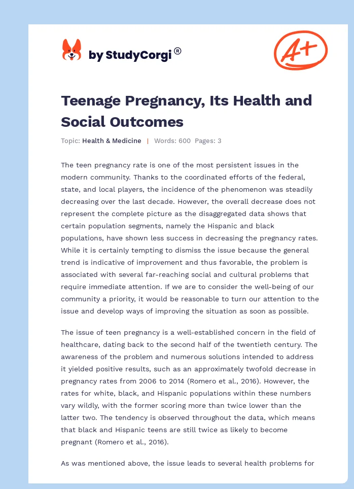 Teenage Pregnancy, Its Health and Social Outcomes. Page 1