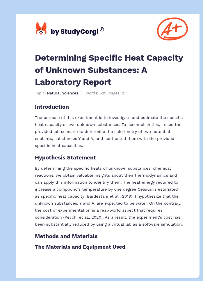 Determining Specific Heat Capacity of Unknown Substances: A Laboratory Report. Page 1