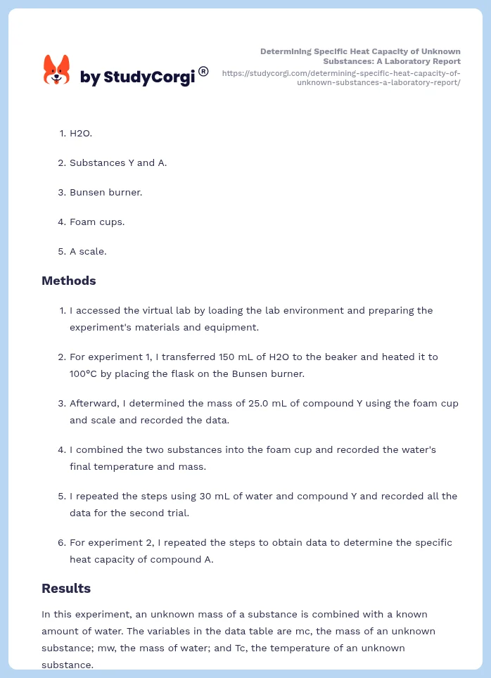 Determining Specific Heat Capacity of Unknown Substances: A Laboratory Report. Page 2