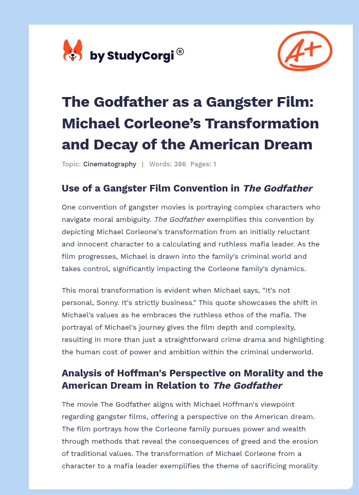 The Godfather as a Gangster Film: Michael Corleone’s Transformation and Decay of the American Dream. Page 1