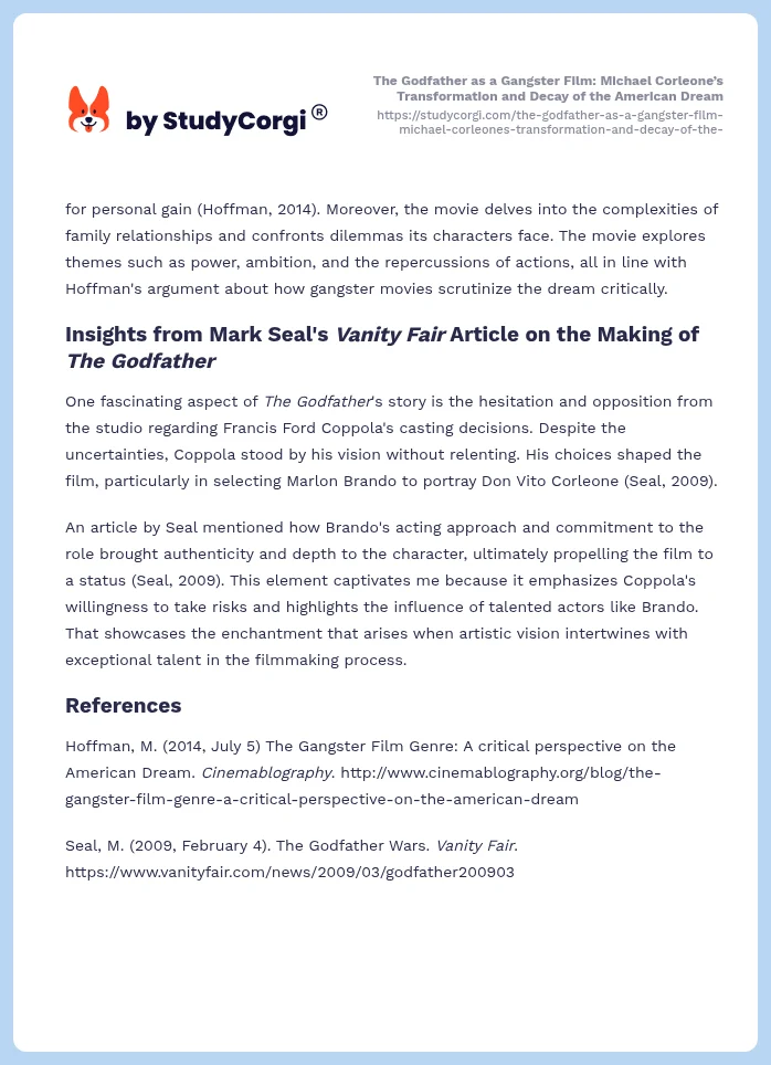 The Godfather as a Gangster Film: Michael Corleone’s Transformation and Decay of the American Dream. Page 2