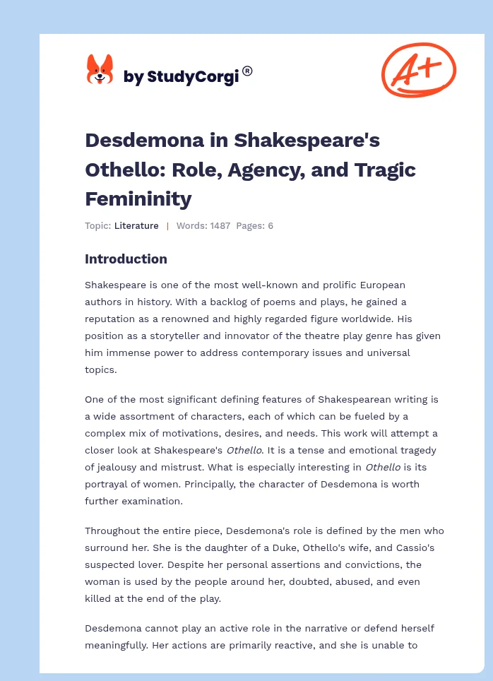 Desdemona in Shakespeare's Othello: Role, Agency, and Tragic Femininity. Page 1