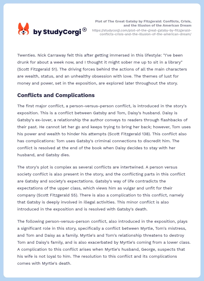 Plot of The Great Gatsby by Fitzgerald: Conflicts, Crisis, and the Illusion of the American Dream. Page 2