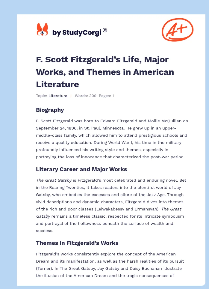 F. Scott Fitzgerald’s Life, Major Works, and Themes in American Literature. Page 1