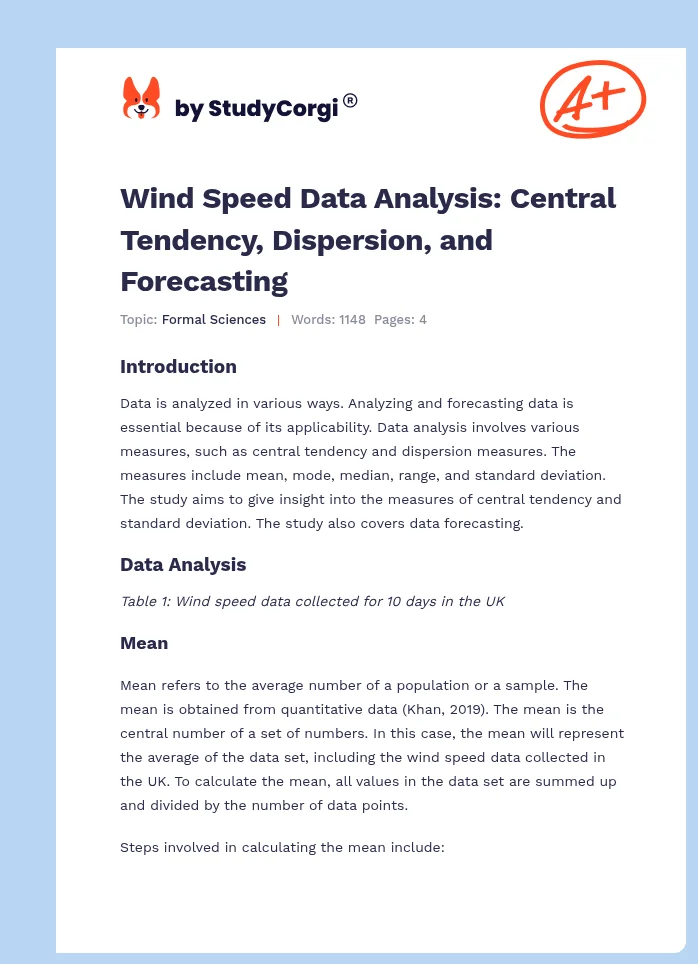 Wind Speed Data Analysis: Central Tendency, Dispersion, and Forecasting. Page 1
