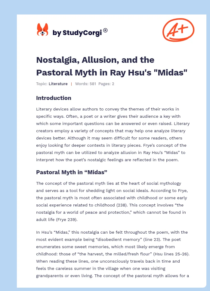 Nostalgia, Allusion, and the Pastoral Myth in Ray Hsu's "Midas". Page 1