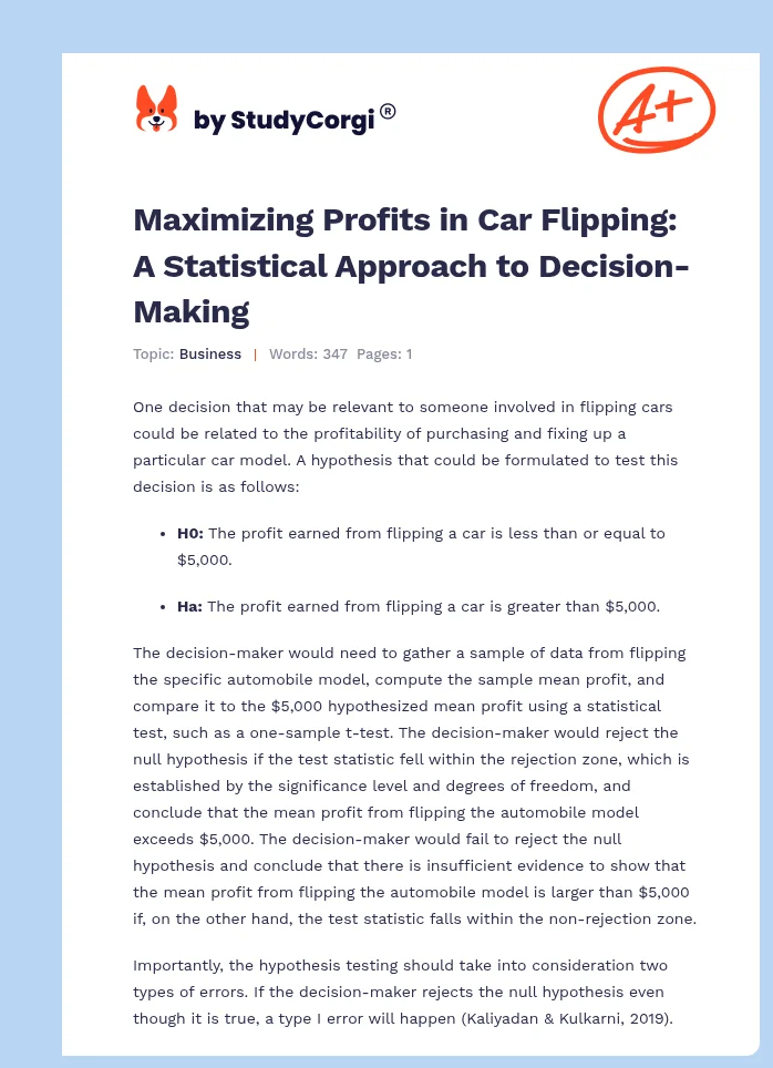 Maximizing Profits in Car Flipping: A Statistical Approach to Decision-Making. Page 1