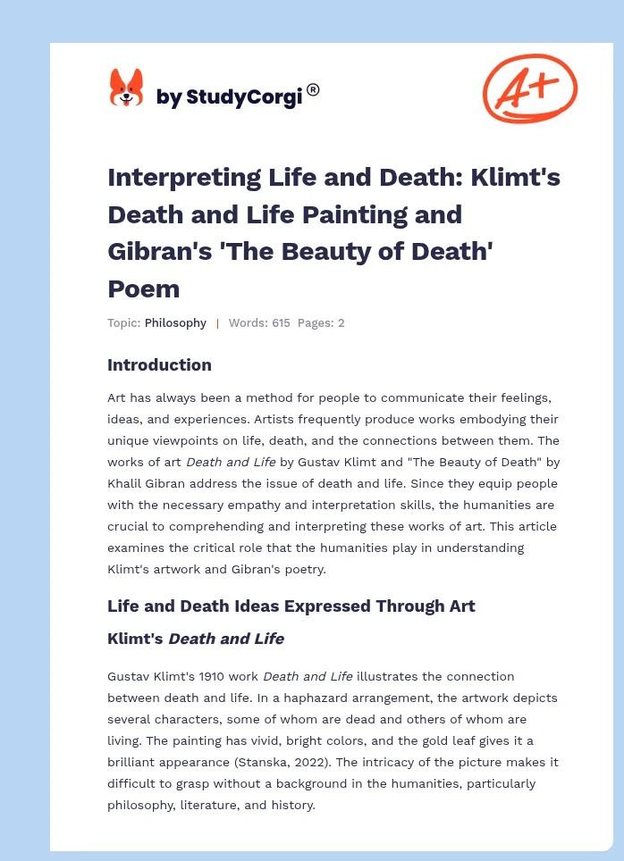 Interpreting Life and Death: Klimt's Death and Life Painting and Gibran's 'The Beauty of Death' Poem. Page 1