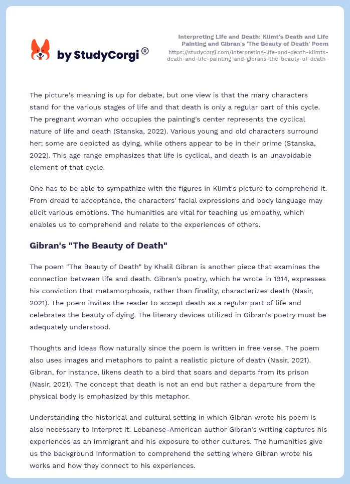 Interpreting Life and Death: Klimt's Death and Life Painting and Gibran's 'The Beauty of Death' Poem. Page 2