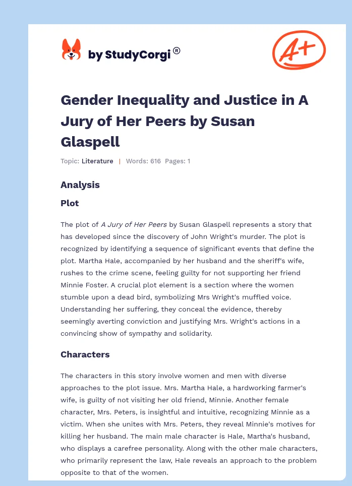 Gender Inequality and Justice in A Jury of Her Peers by Susan Glaspell. Page 1