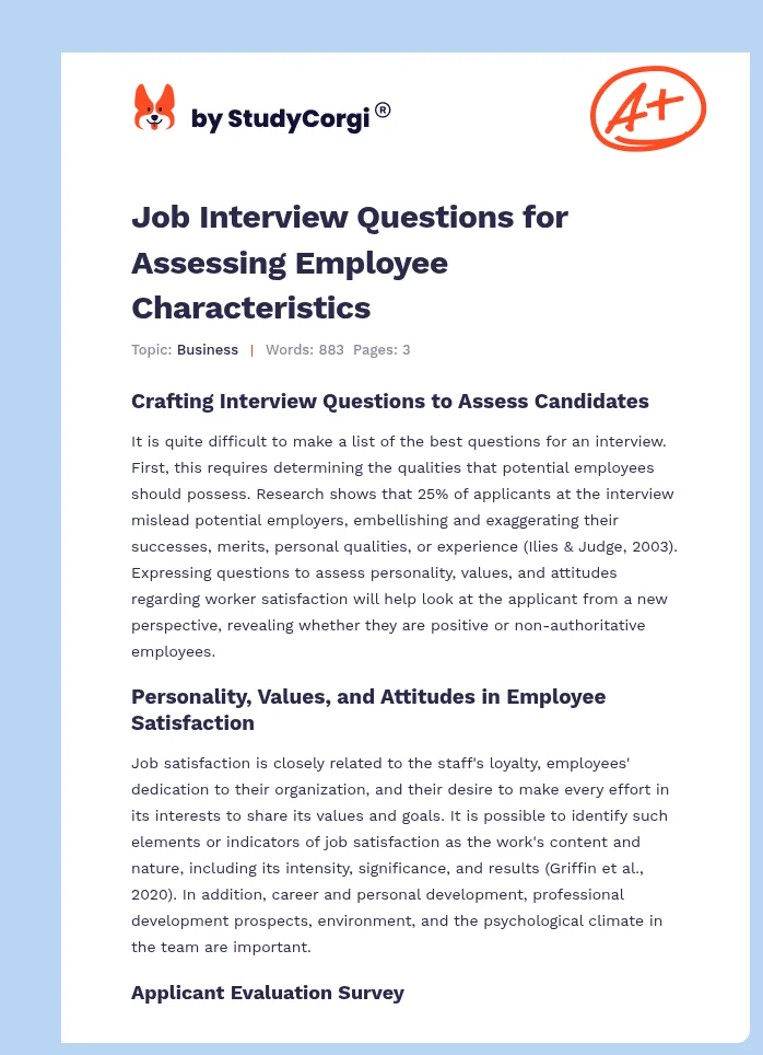 Job Interview Questions for Assessing Employee Characteristics. Page 1