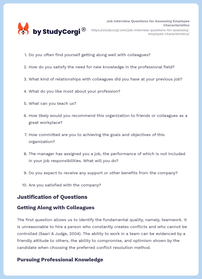 Job Interview Questions for Assessing Employee Characteristics. Page 2