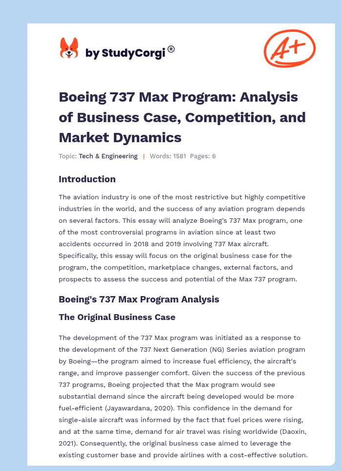 Boeing 737 Max Program: Analysis of Business Case, Competition, and Market Dynamics. Page 1