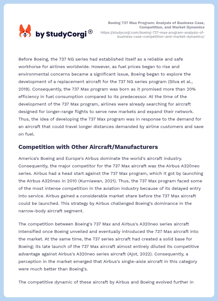 Boeing 737 Max Program: Analysis of Business Case, Competition, and Market Dynamics. Page 2