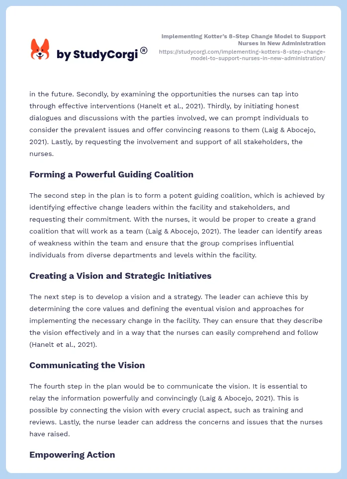 Implementing Kotter’s 8-Step Change Model to Support Nurses in New Administration. Page 2