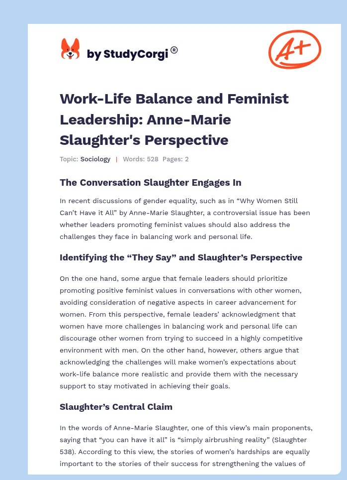 Work-Life Balance and Feminist Leadership: Anne-Marie Slaughter's Perspective. Page 1