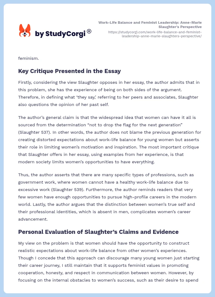 Work-Life Balance and Feminist Leadership: Anne-Marie Slaughter's Perspective. Page 2