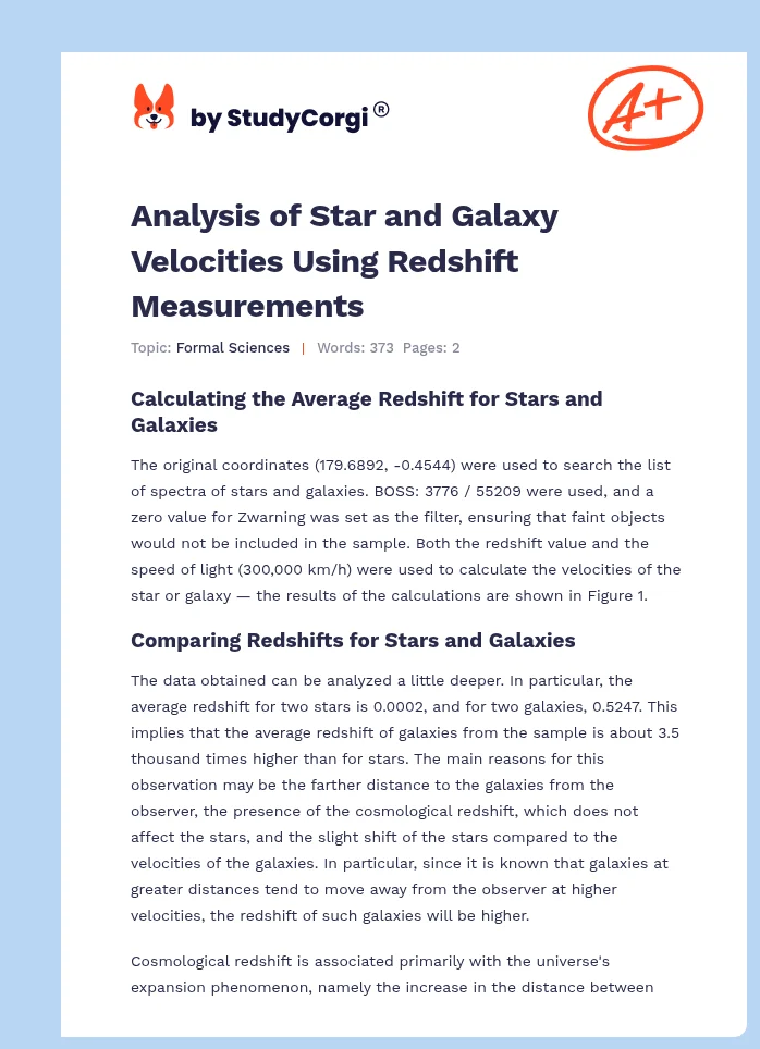 Analysis of Star and Galaxy Velocities Using Redshift Measurements. Page 1