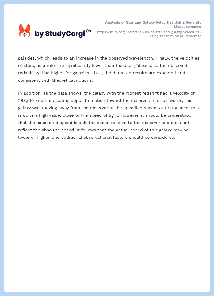 Analysis of Star and Galaxy Velocities Using Redshift Measurements. Page 2