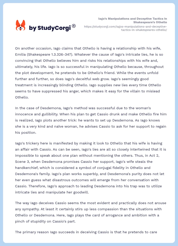 Iago’s Manipulations and Deceptive Tactics in Shakespeare’s Othello. Page 2