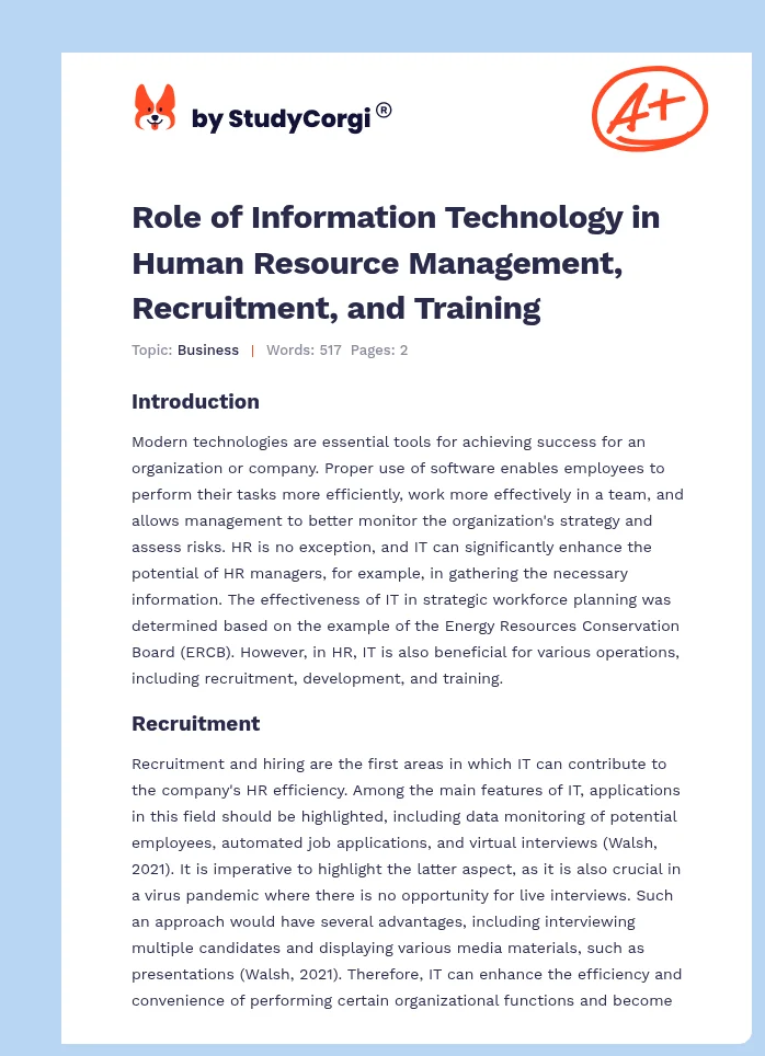 Role of Information Technology in Human Resource Management, Recruitment, and Training. Page 1