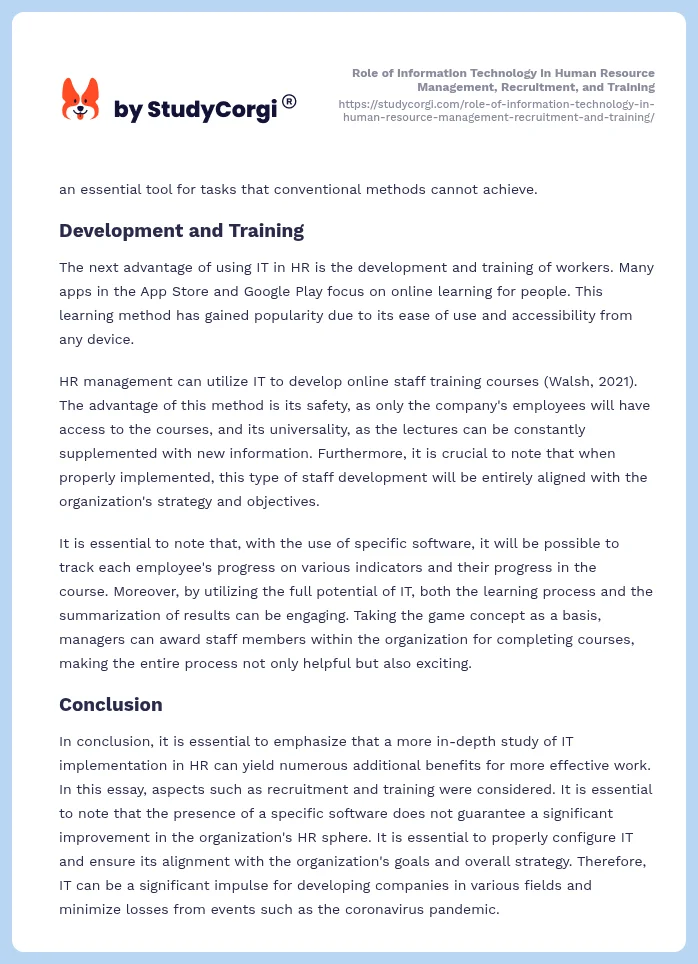 Role of Information Technology in Human Resource Management, Recruitment, and Training. Page 2