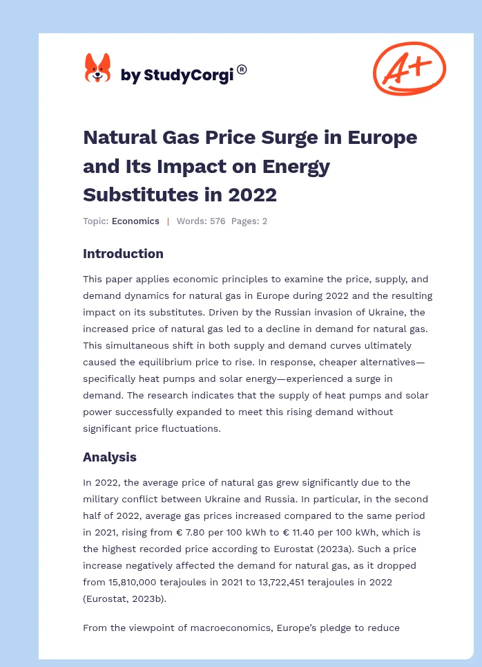 Natural Gas Price Surge in Europe and Its Impact on Energy Substitutes in 2022. Page 1