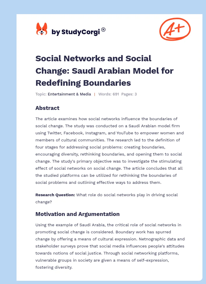 Social Networks and Social Change: Saudi Arabian Model for Redefining Boundaries. Page 1