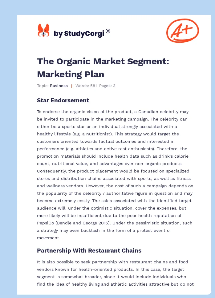 The Organic Market Segment: Marketing Plan. Page 1