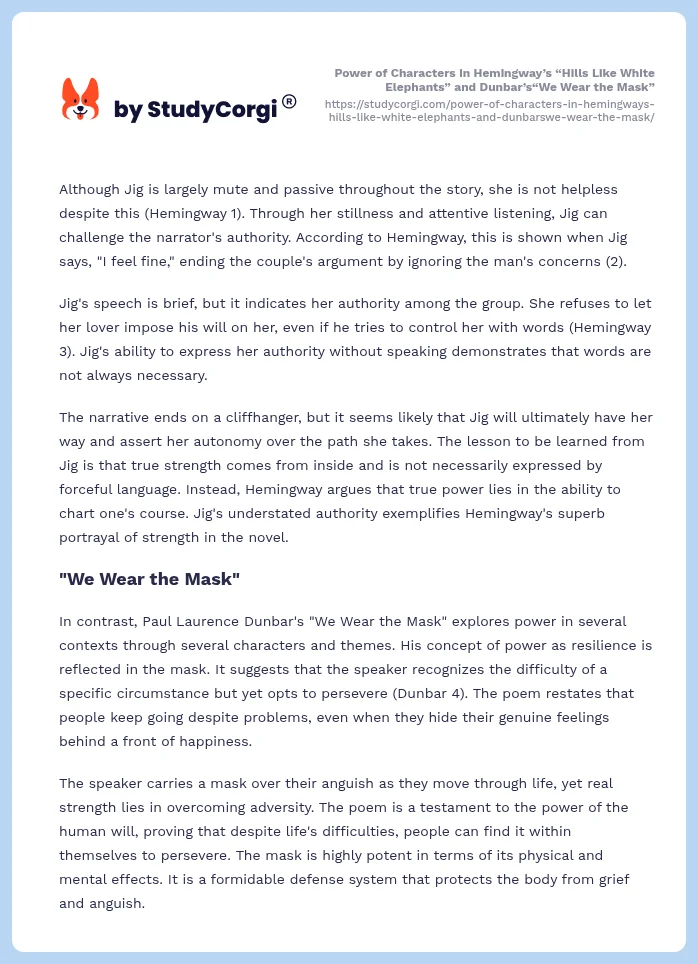 Power of Characters in Hemingway’s “Hills Like White Elephants” and Dunbar’s“We Wear the Mask”. Page 2