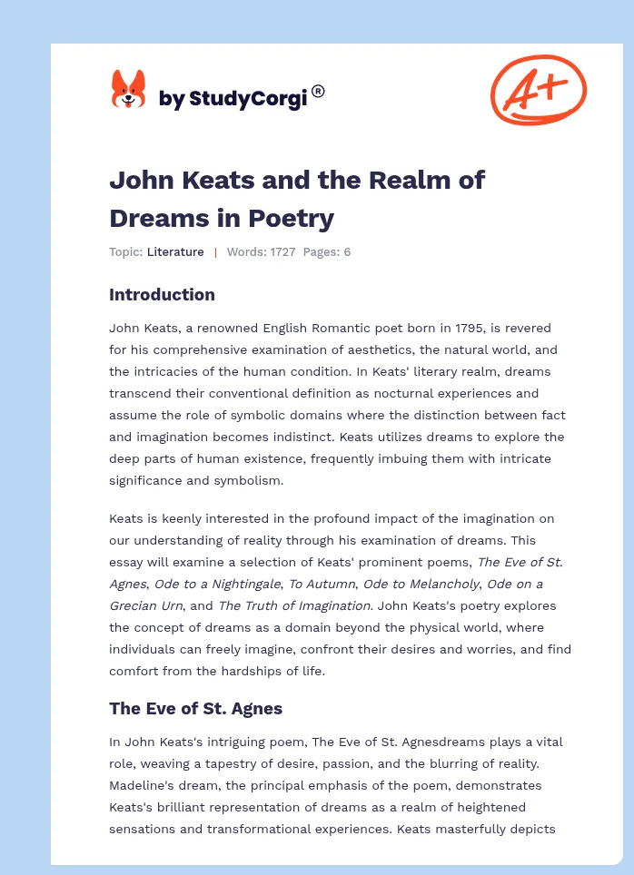 John Keats and the Realm of Dreams in Poetry. Page 1