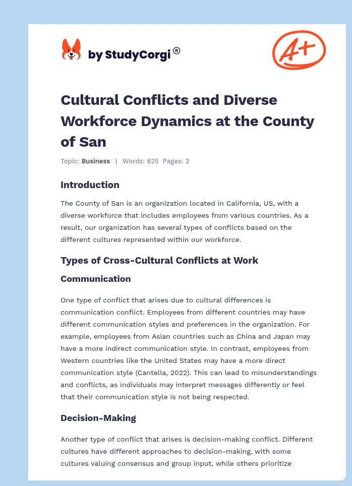 Cultural Conflicts and Diverse Workforce Dynamics at the County of San. Page 1
