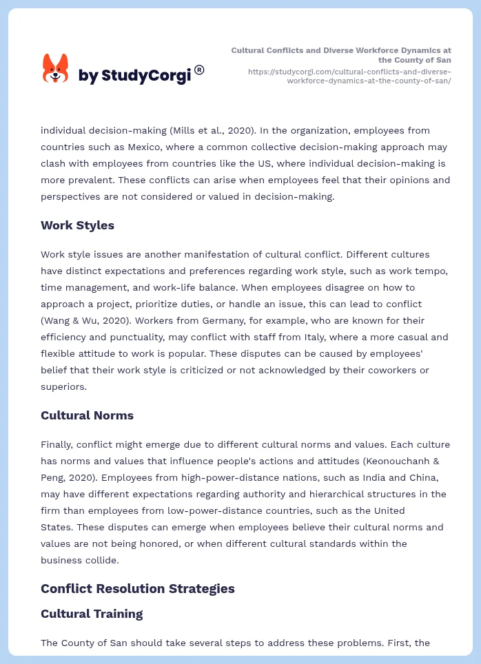 Cultural Conflicts and Diverse Workforce Dynamics at the County of San. Page 2