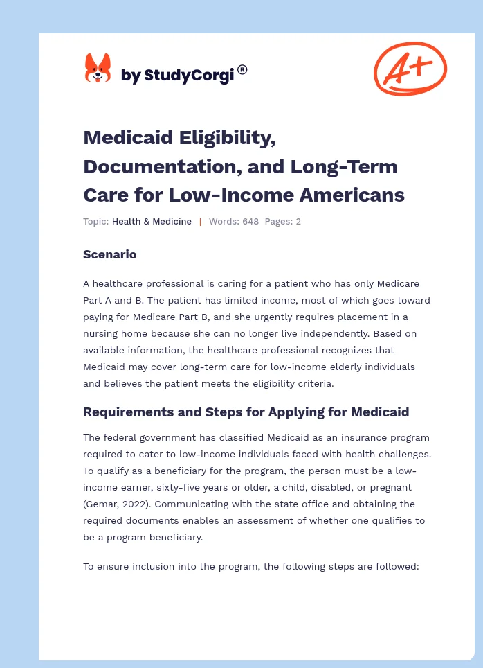 Medicaid Eligibility, Documentation, and Long-Term Care for Low-Income Americans. Page 1
