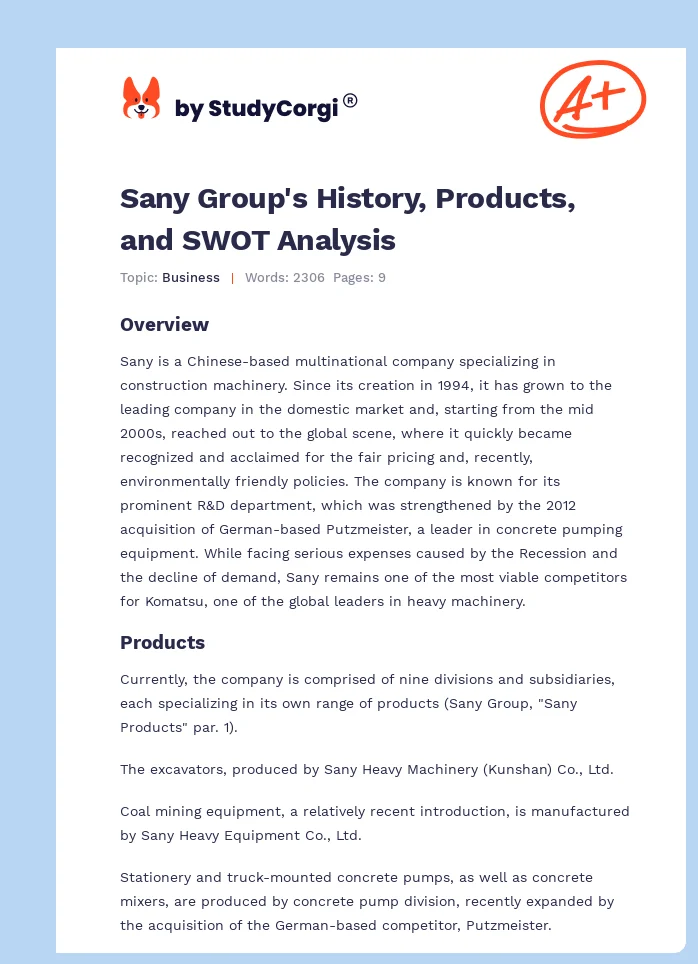 Sany Group's History, Products, and SWOT Analysis. Page 1