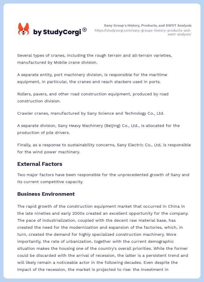 Sany Group's History, Products, and SWOT Analysis. Page 2