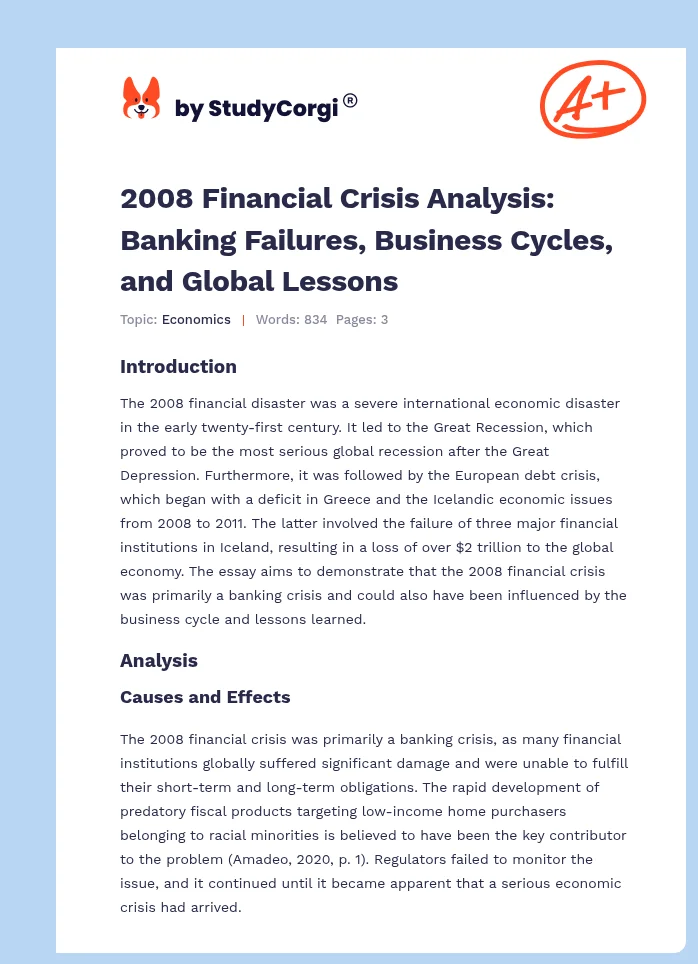 2008 Financial Crisis Analysis: Banking Failures, Business Cycles, and Global Lessons. Page 1